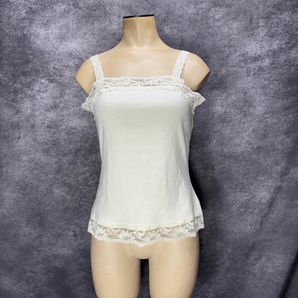 Y2K‎ St Johns Bay Ivory Lace Trim Cami Tank Top Size M Sequin Square Neck Fairy